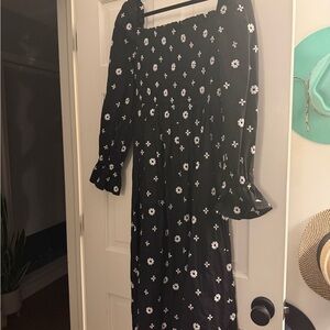 Never Fully Dressed - black with white embroidery.  Smocked top dress.